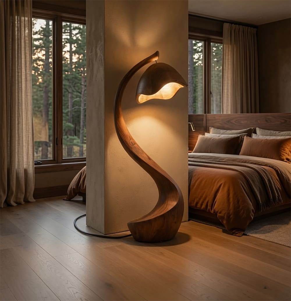 Rustikale Holz-Stehlampe im Statement-Design aus hochwertigem Massivholz