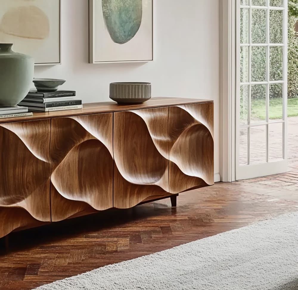 Sideboard aus Massivholz mit skulptierten Wellenmuster-Türen und verstecktem Stauraum