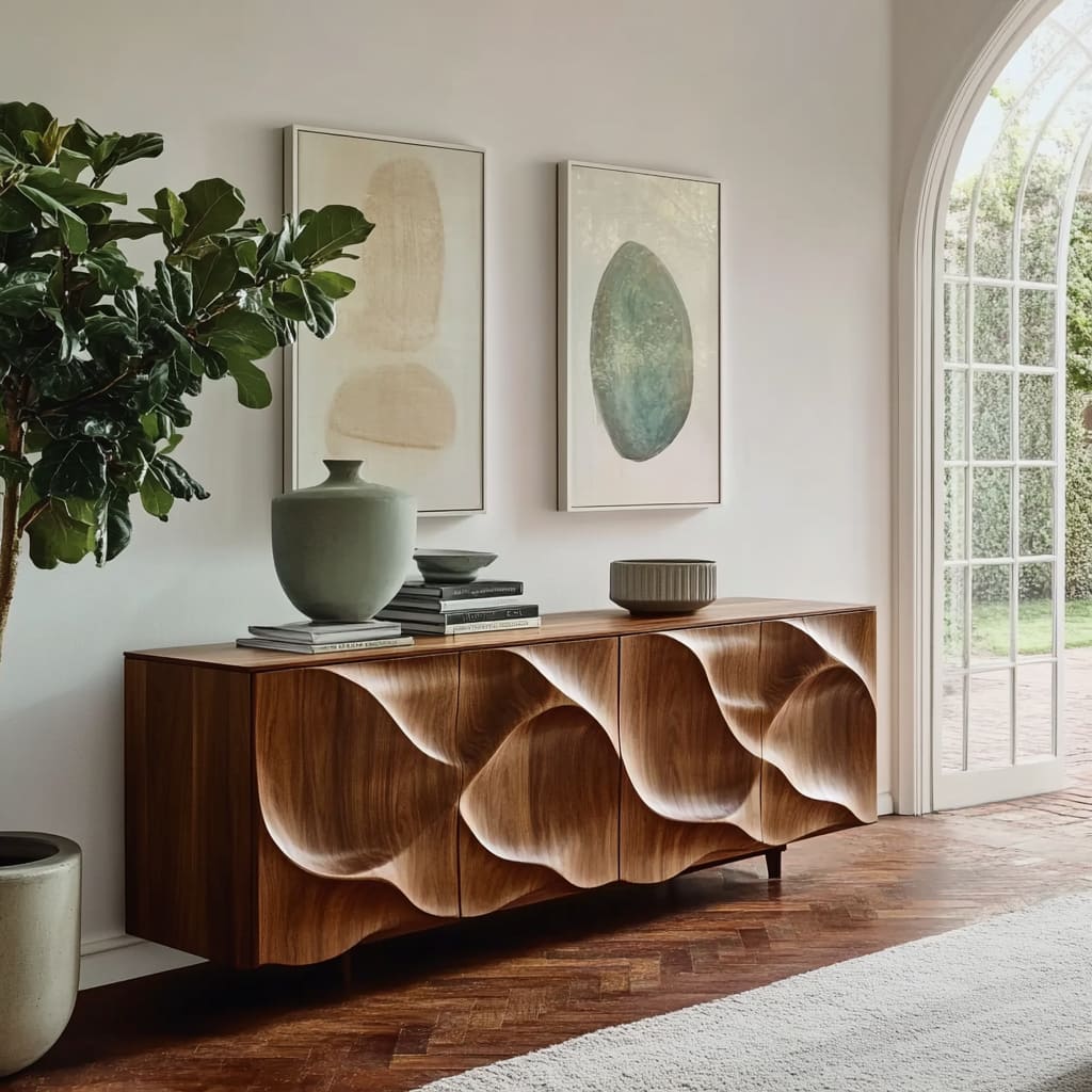 Rustikales Sideboard aus hochwertigem Massivholz mit gewellten geschnitzten Türen