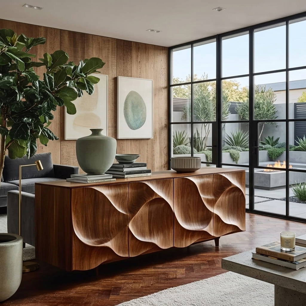 Handgefertigtes Stauraum-Sideboard mit fließend geschnitzten Türen für Ordnung im Wohnzimmer