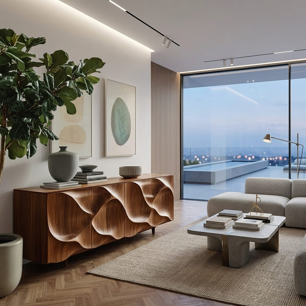 Organisch-modernes Sideboard aus Massivholz, präsentiert in einem eleganten Wohnzimmerinterieur
