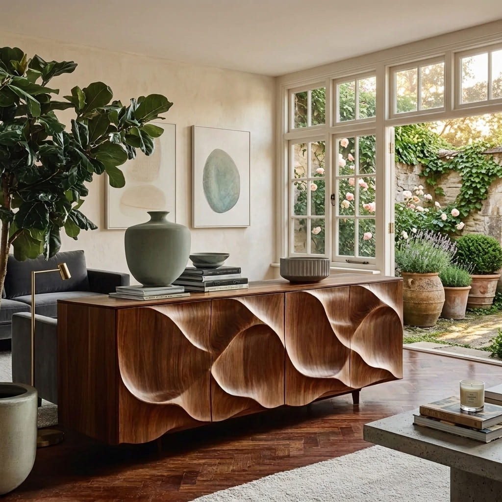 Rustikales Holz-Sideboard, gestylt als Statement-Stauraumstück in einem zeitgenössischen Wohnzimmer