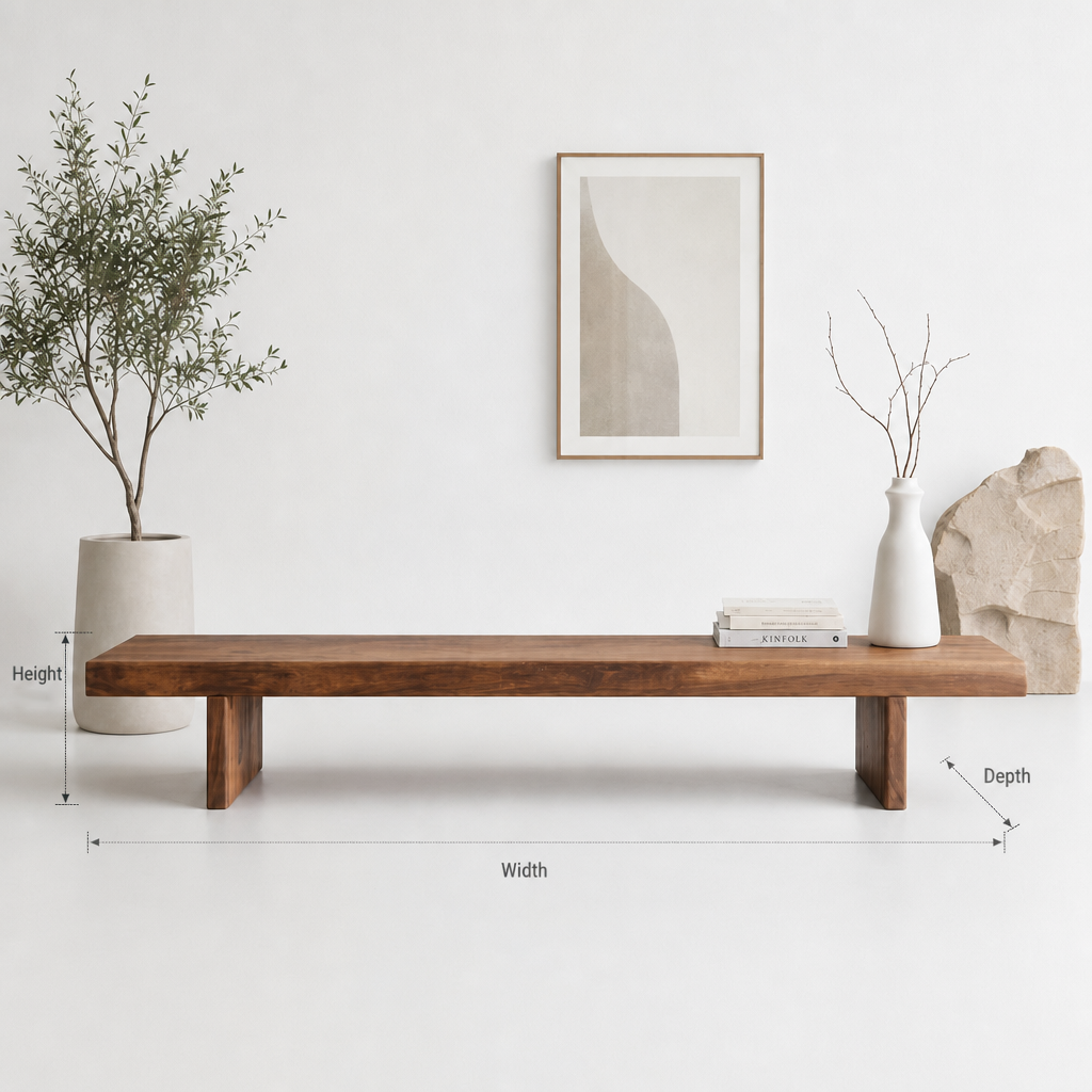 Rustikale handgefertigte Holzbank als Sitzbereich in einem minimalistischen Eingangsbereich