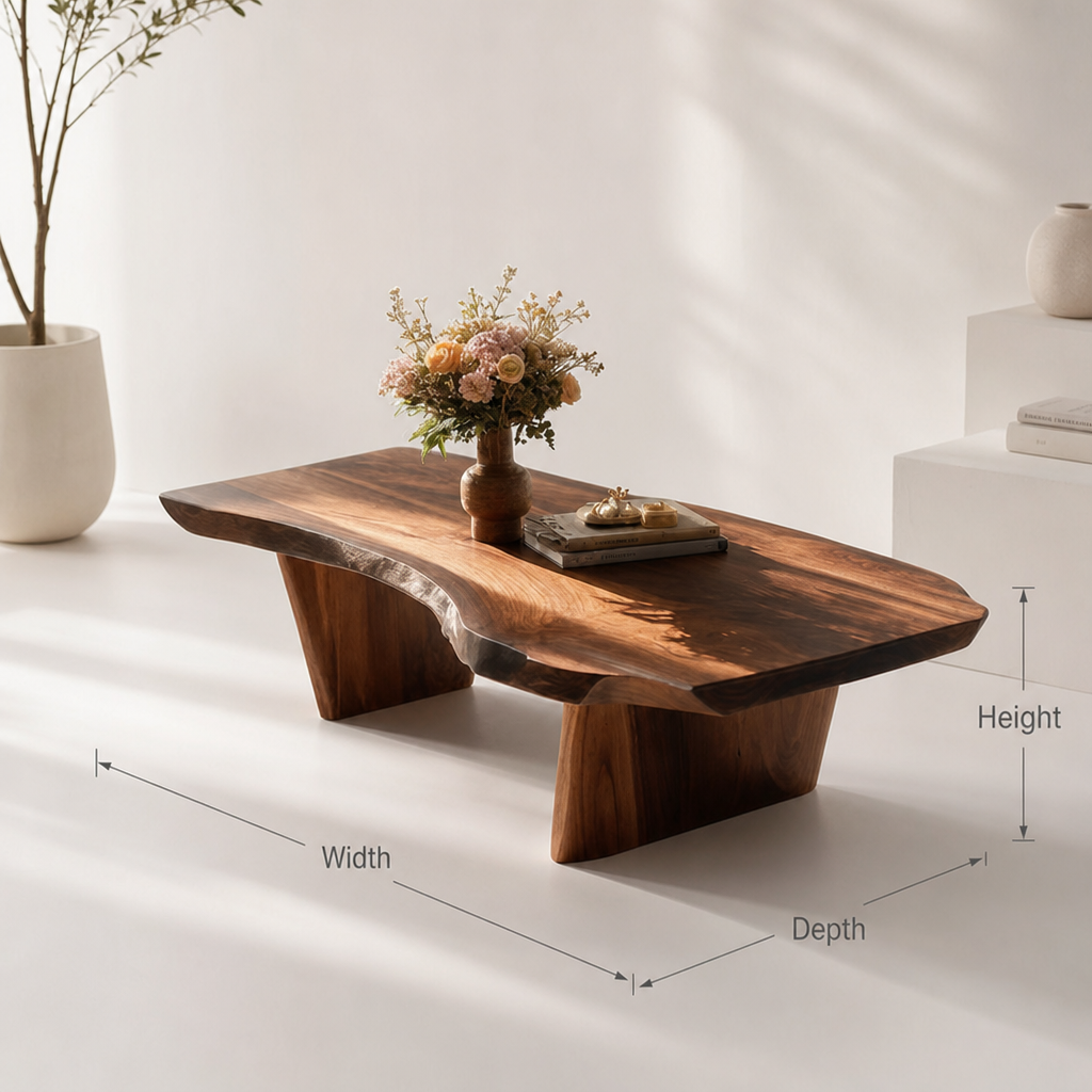 Rustikaler handgemachter Couchtisch aus Massivholz fürs Wohnzimmer