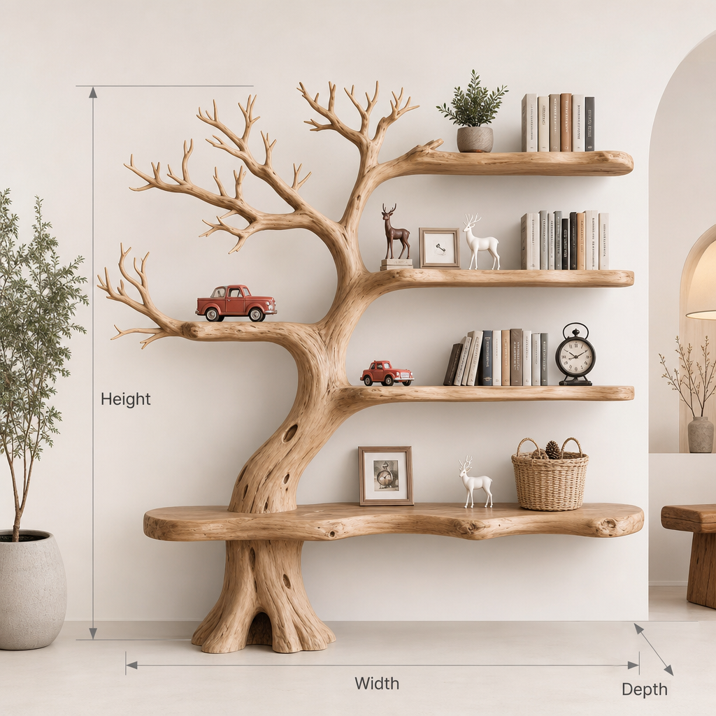 Baum-Bücherregal mit Bank – handgemachtes Holz-Astregal als Wohndekor, Maße