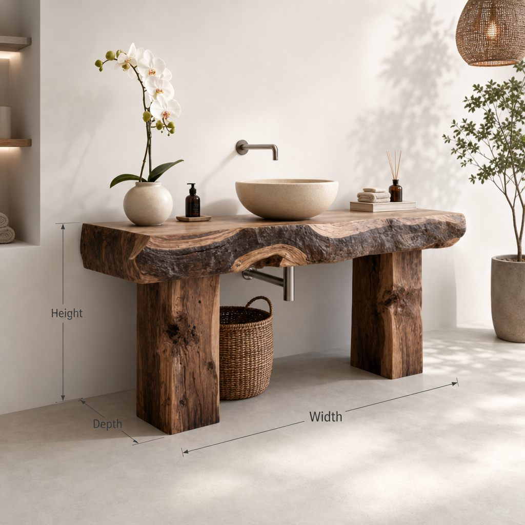 Rustikaler Holz-Waschtisch – Individuelles handgemachtes Landhausregal mit Baumkanten-Holzschrank