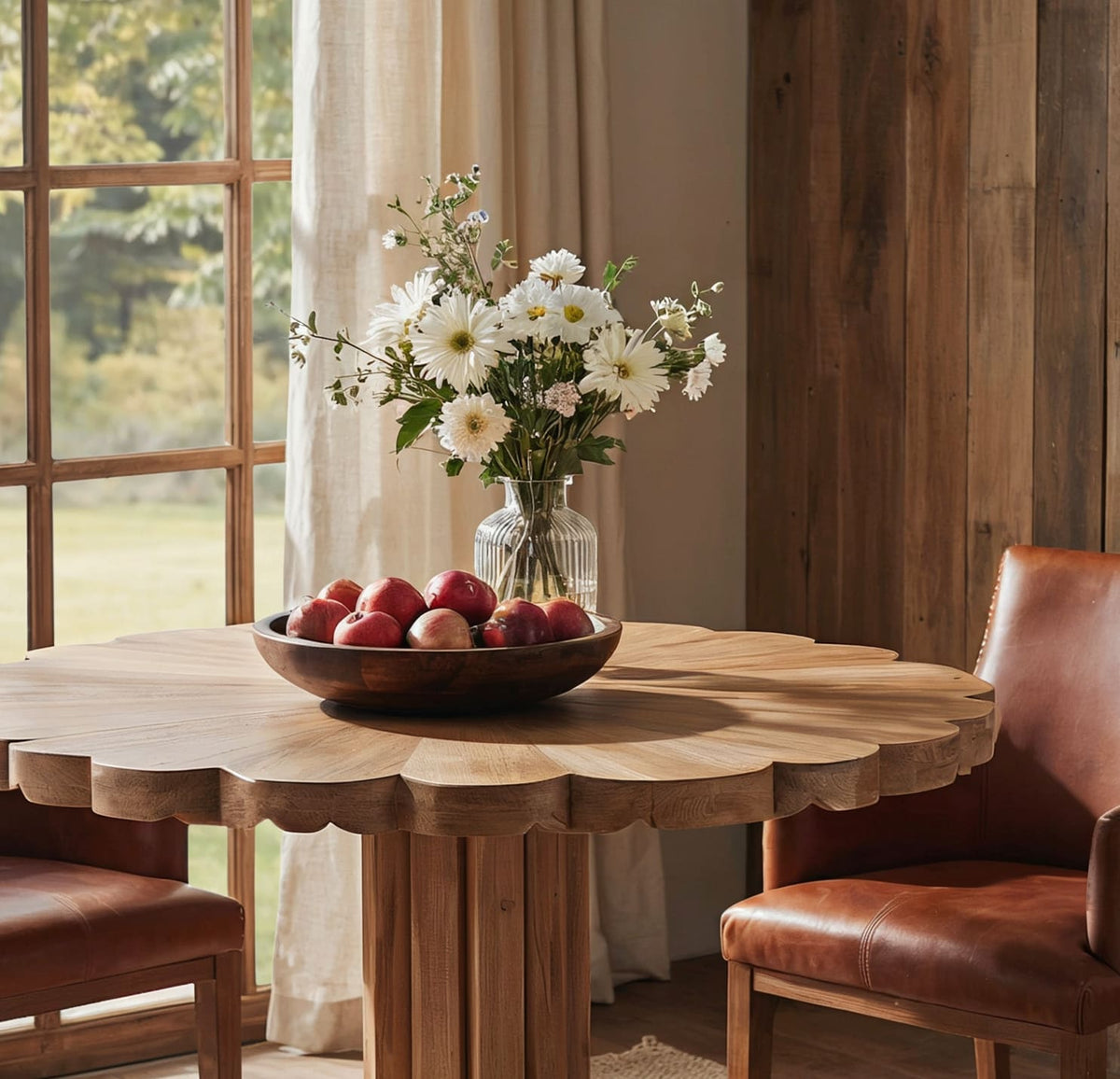 Handgefertigter runder Esstisch aus Massivholz mit eleganten Bogenkanten-Details