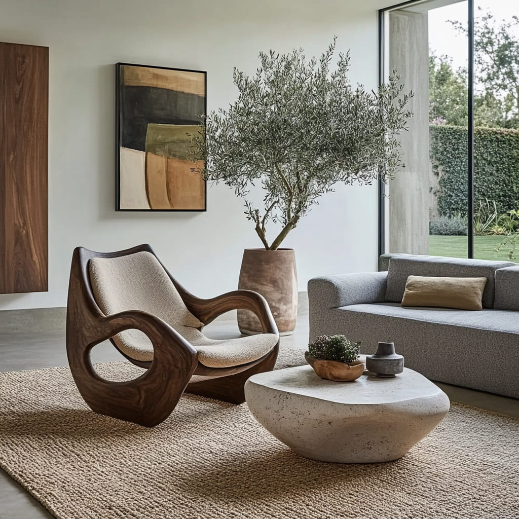 Moderner nordischer Akzentsessel, der ein minimalistisches Interieur ergänzt