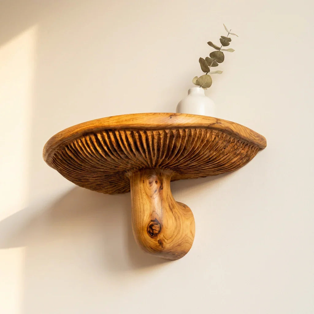 Skulpturales Pilz-Schwebregal mit geschnitztem Lamellendetail – Ashdeco 2026