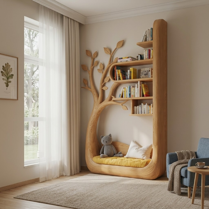 Skulptiertes Baum-Bücherregal mit integrierter Leseecke aus Massivholz