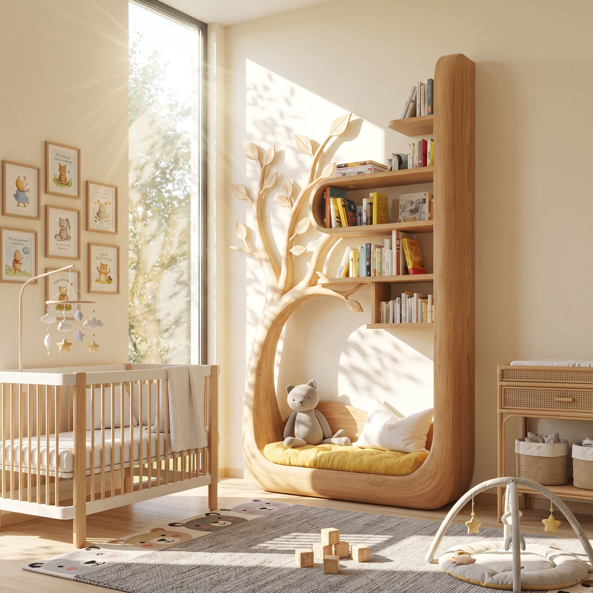 Verspieltes Baum-Bücherregal aus Massivholz mit integriertem Lesekreis, gestylt in einem gemütlichen Kinder-Spielzimmer