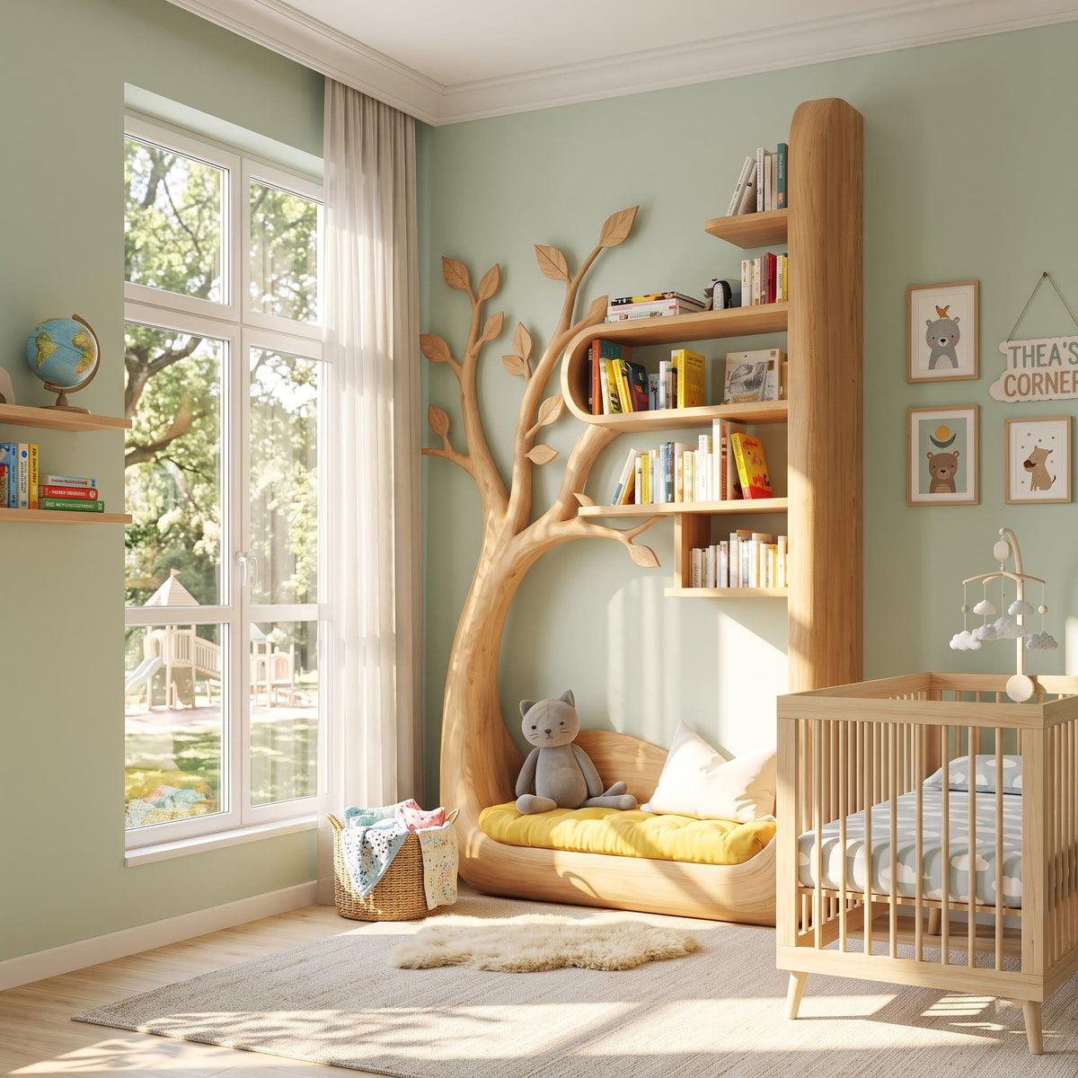 Zeitgenössische Baum-Wandeinheit aus Massivholz mit gepolsterter Sitznische in einem modernen Kinderzimmer