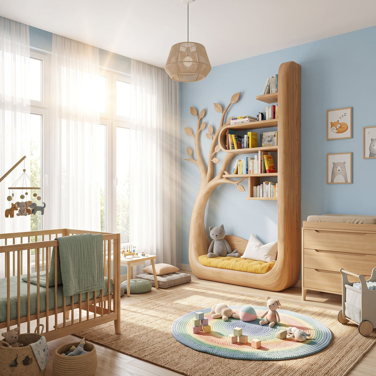 Handwerkliches Baum-Bücherregal und integrierte Lesebank aus Massivholz, die ein ästhetisches Waldorf-inspiriertes Spielzimmer aufwerten