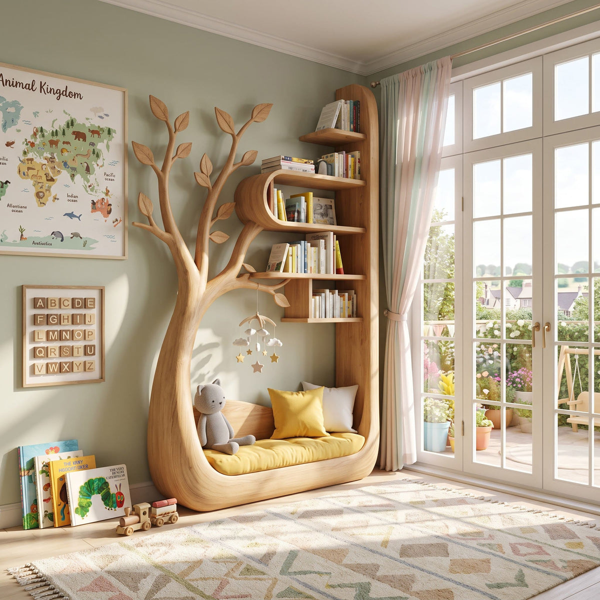 Skulpturales verzweigtes Baum-Bücherregal aus Naturholz mit Leseecke für eine charmante Babyzimmer-Leseecke