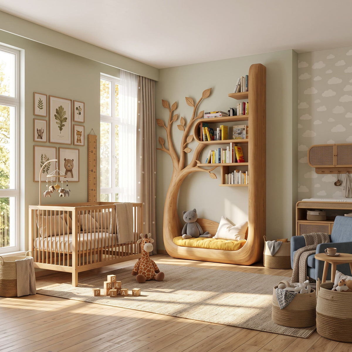 Zeitgenössische Baum-Wandeinheit aus Massivholz mit gepolsterter Sitznische in einem modernen Kinderzimmer
