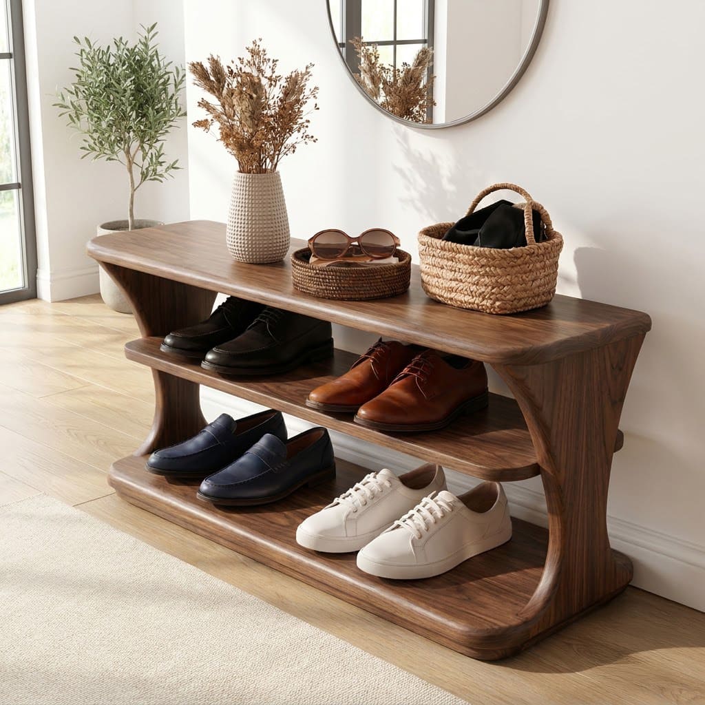 Skulpturale dreistöckige Schuhbank aus Massivholz für den Eingangsbereich im geschwungenen Design