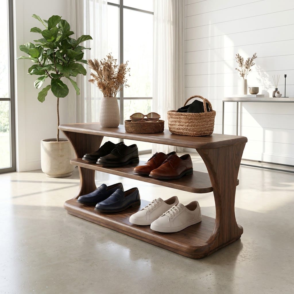 Moderne Schuhbank aus Massivholz im skulpturalen geschwungenen Design mit dreistöckigem Stauraum für stilvolle Eingangsbereiche
