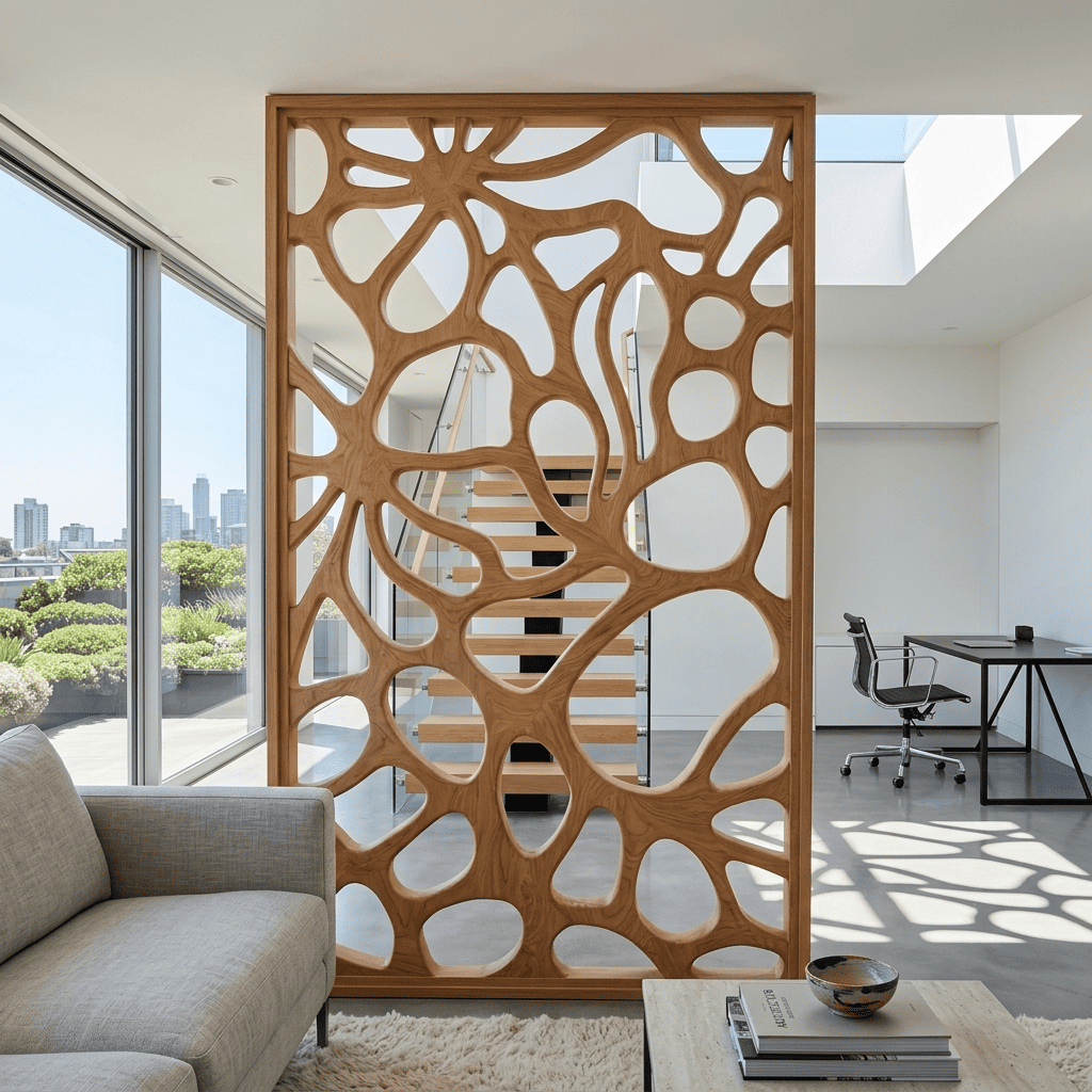 Organisches Trennwandpaneel aus Massivholz, das eine private Ecke in einem luxuriösen Hauptwohnzimmer schafft