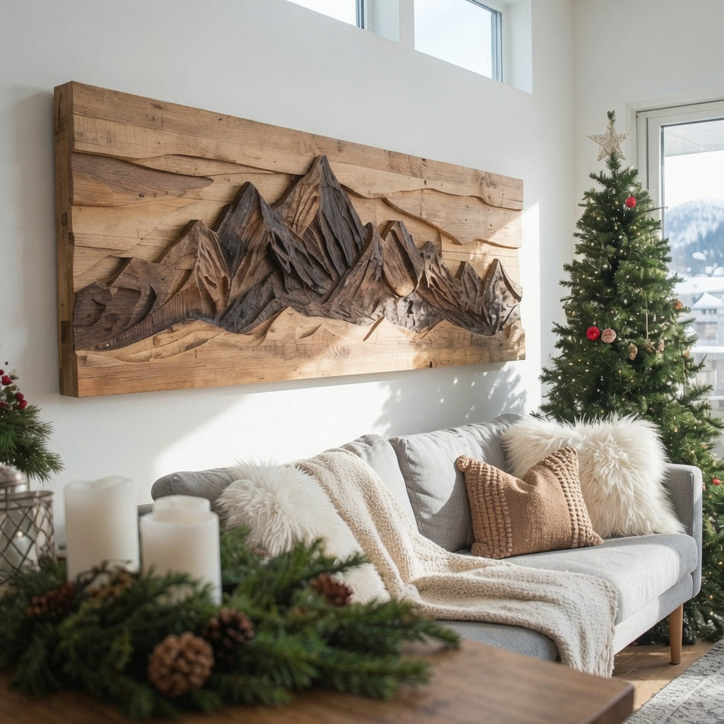 Skulpturale geschnitzte Berglandschaft aus Massivholz als Wandkunst