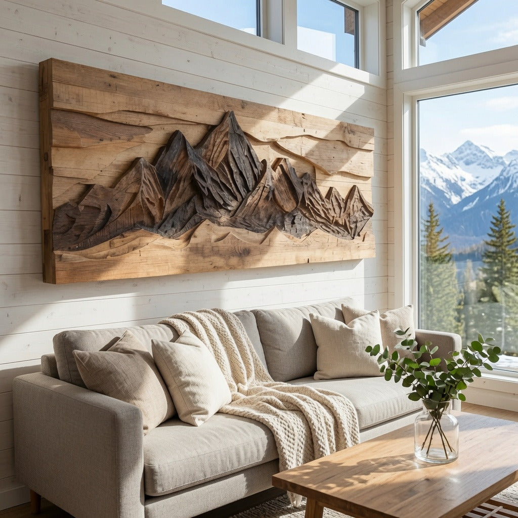 Skulpturale geschnitzte Berglandschaft aus Massivholz als Wandkunst