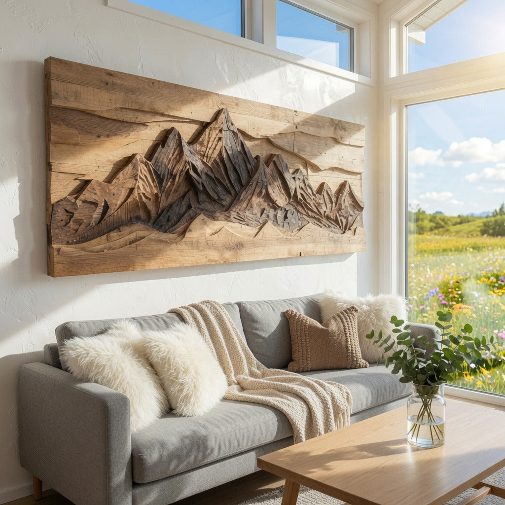 Skulpturale geschnitzte Berglandschaft aus Massivholz als Wandkunst