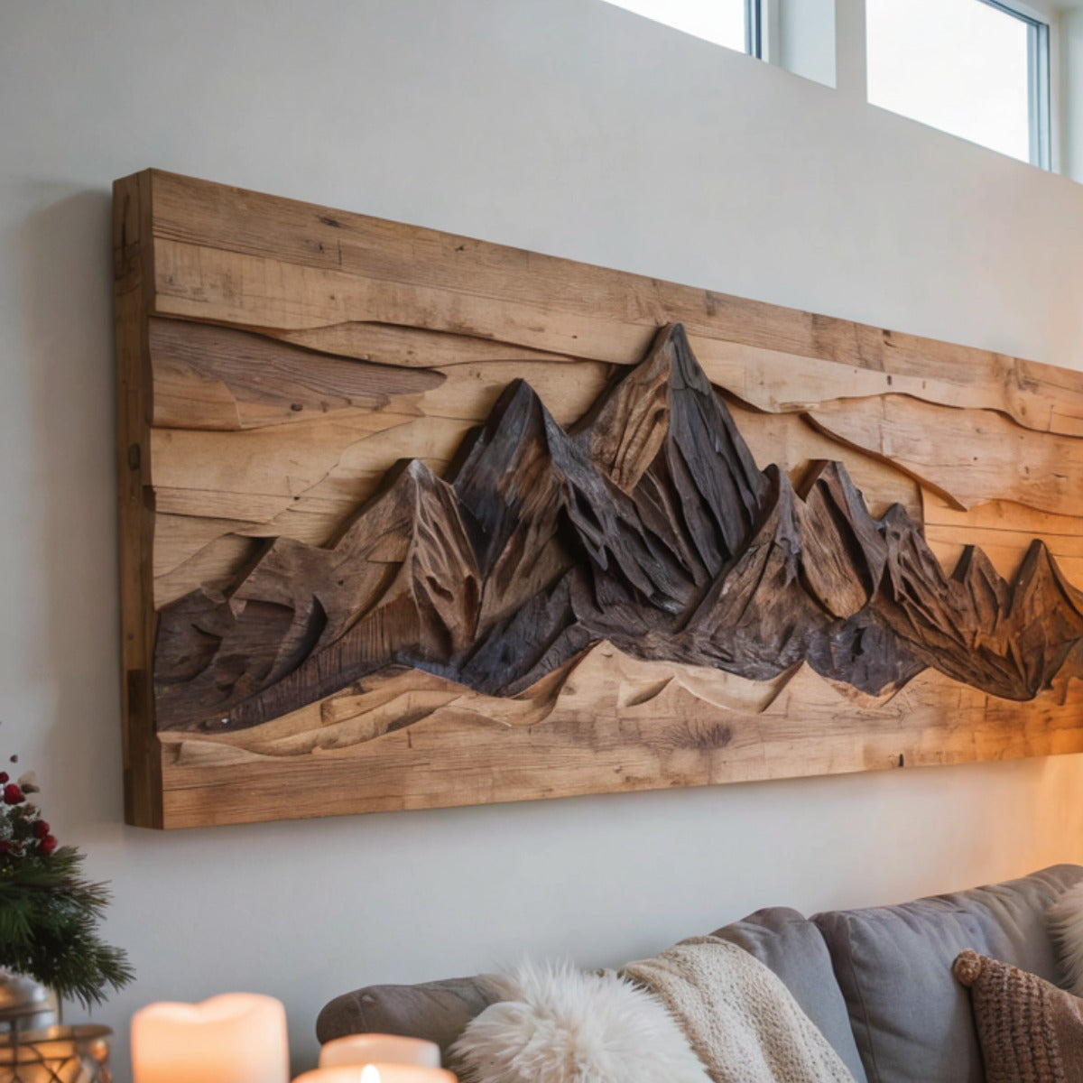 Skulpturale geschnitzte Berglandschaft aus Massivholz als Wandkunst