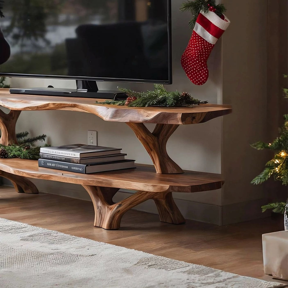 Handgefertigte skulpturale Holz-TV-Konsole