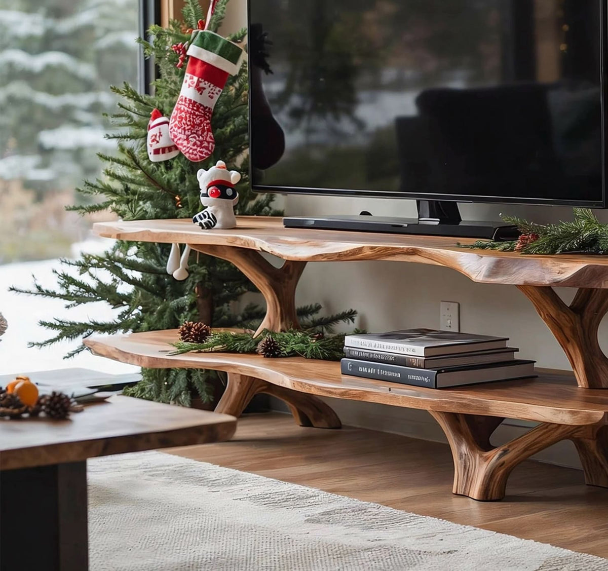 TV-Lowboard aus Massivholz mit Baumkante im Weihnachtsbaum-Design