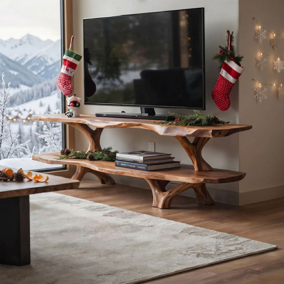 Skulpturales TV-Lowboard aus Massivholz mit Baumkante in einem modernen Wohnzimmer