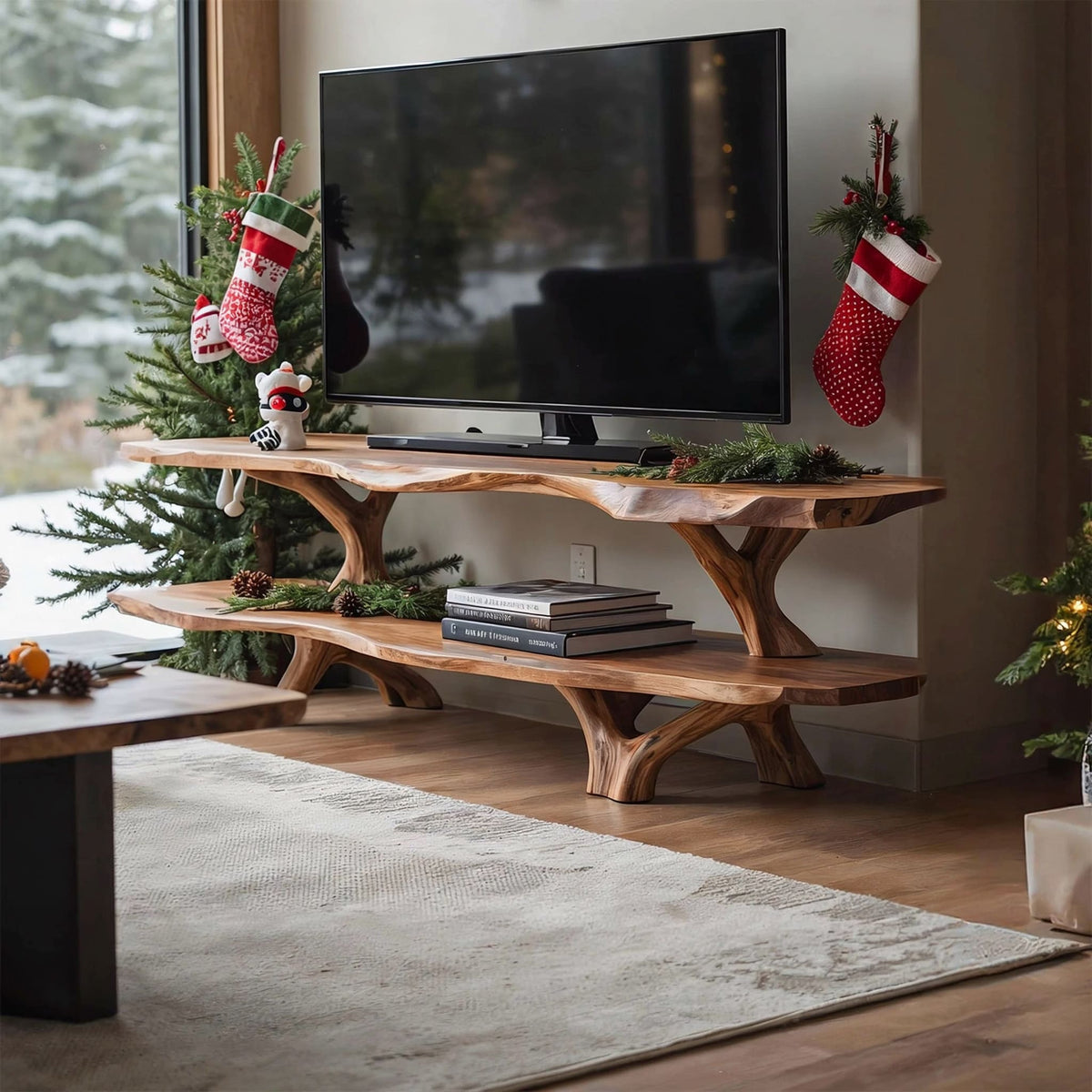 Künstlerischer TV-Schrank aus Massivholz, der ein minimalistisches Wohnzimmer aufwertet