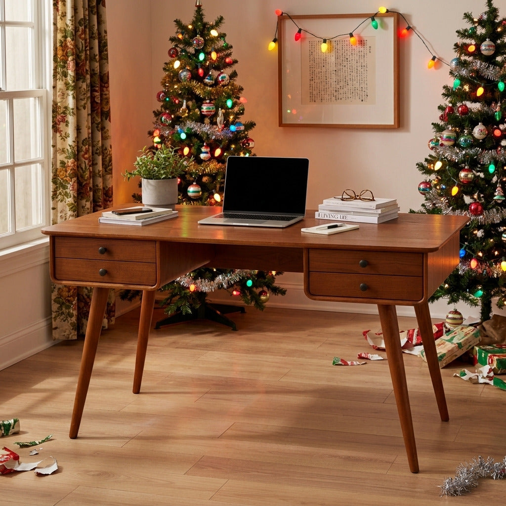 Skulpturaler Weihnachts-Schreibtisch aus Massivholz mit 4 Schubladen