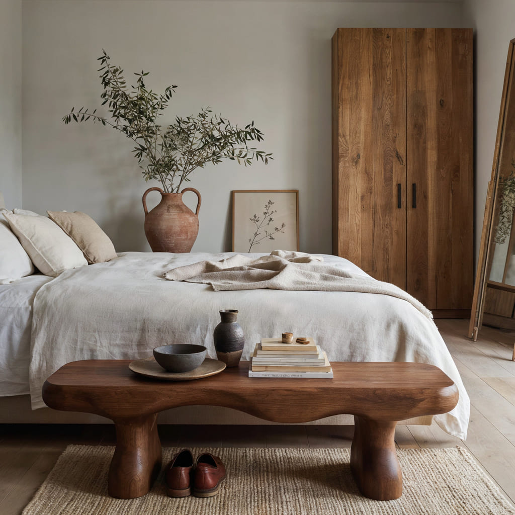 Skulpturale wuchtige Akzentbank aus Massivholz im flachen Design für moderne Schlafzimmer
