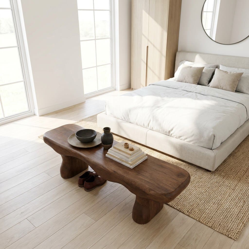 Moderne Akzentbank aus Massivholz im wuchtigen skulpturalen Design für elegante Schlafzimmerinterieurs