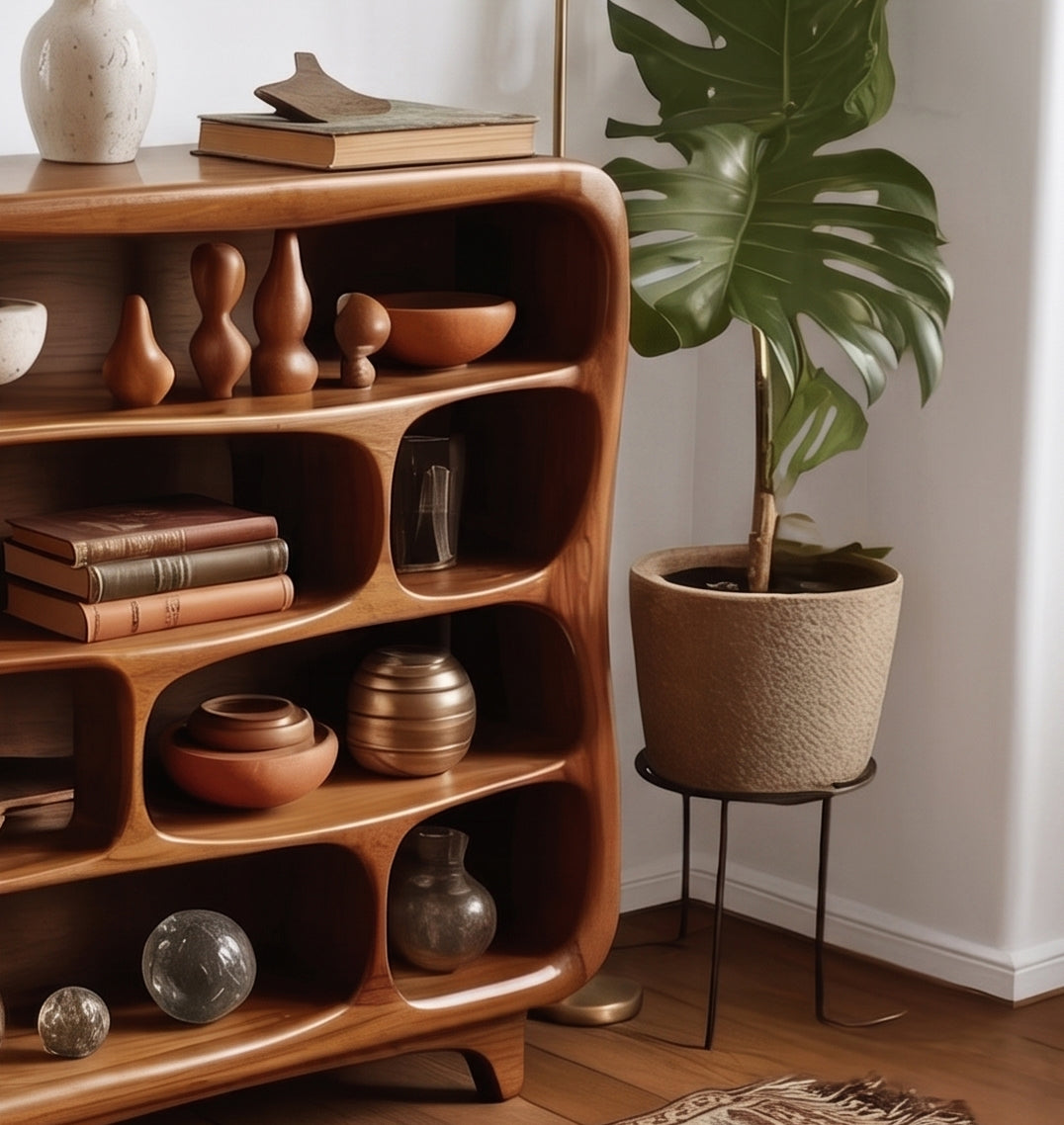 Geschwungenes Holz-Bücherregal als Wohnzimmer-Stauraum