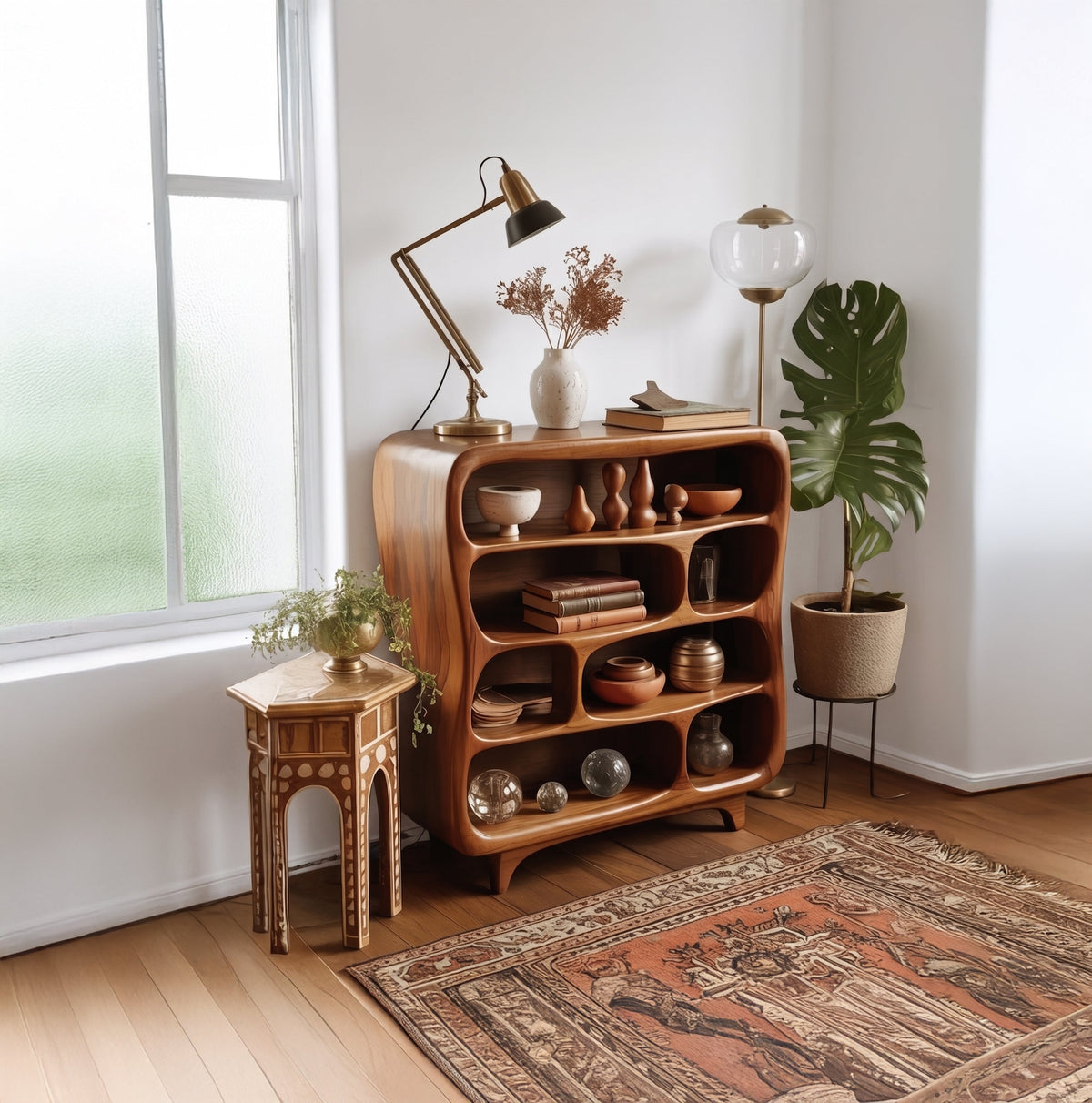 Skulpturales geschwungenes Bücherregal aus Massivholz im künstlerischen Design