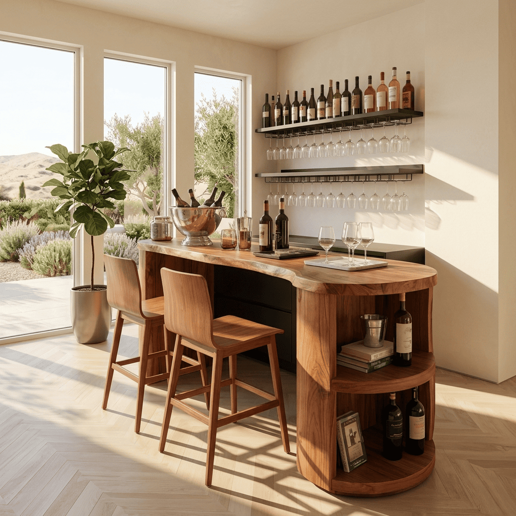 Skulpturaler geschwungener Hausbartisch aus Massivholz mit Weinregalen für moderne KüchenInterieurs