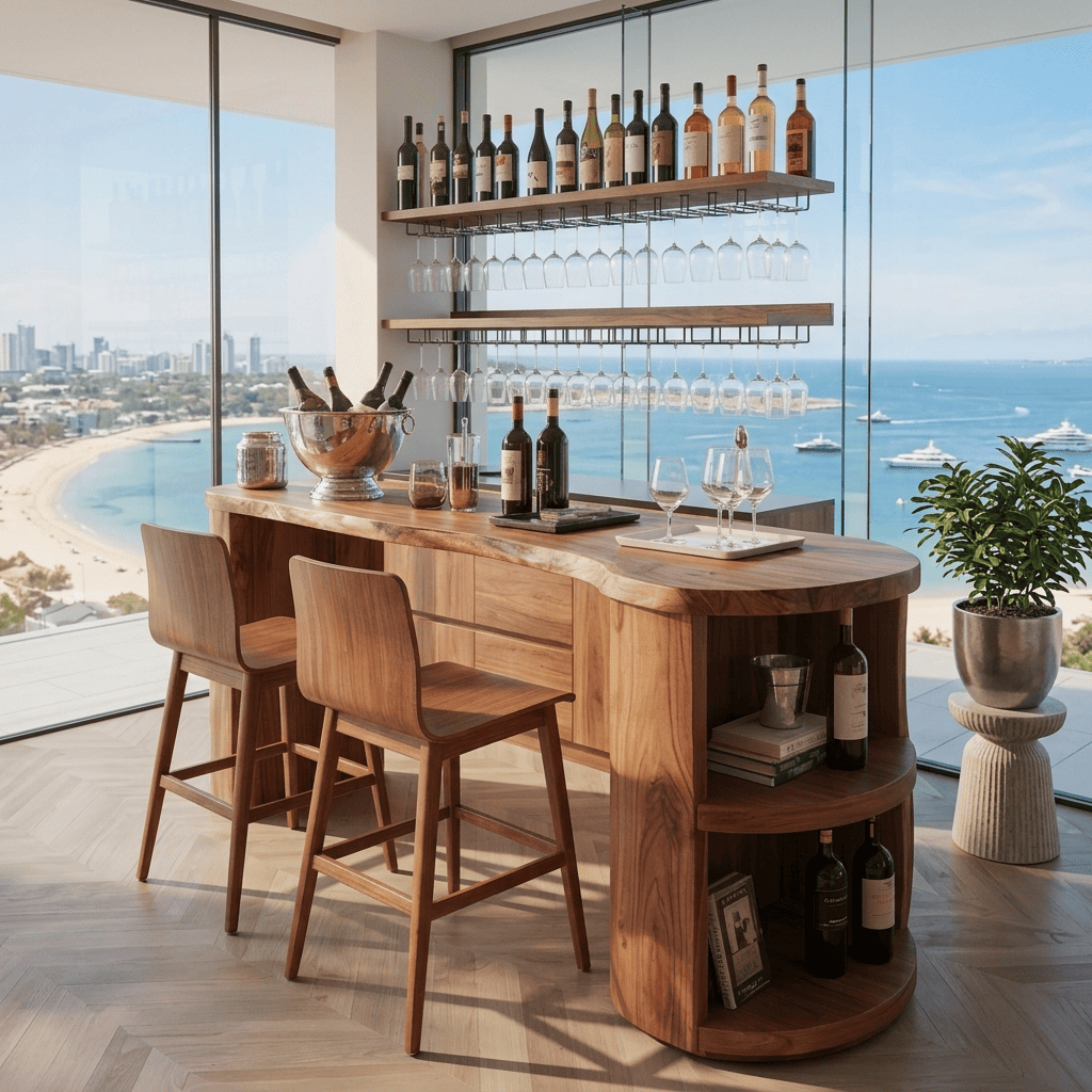 Geschwungener Hausbartisch aus Massivholz mit integrierten Weinregalen für zeitgenössische Bewirtungsbereiche