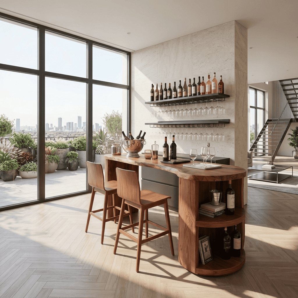 Skulpturale Kücheninsel aus Massivholz im geschwungenen Design mit Weinlagerung für stilvolle Wohninterieurs