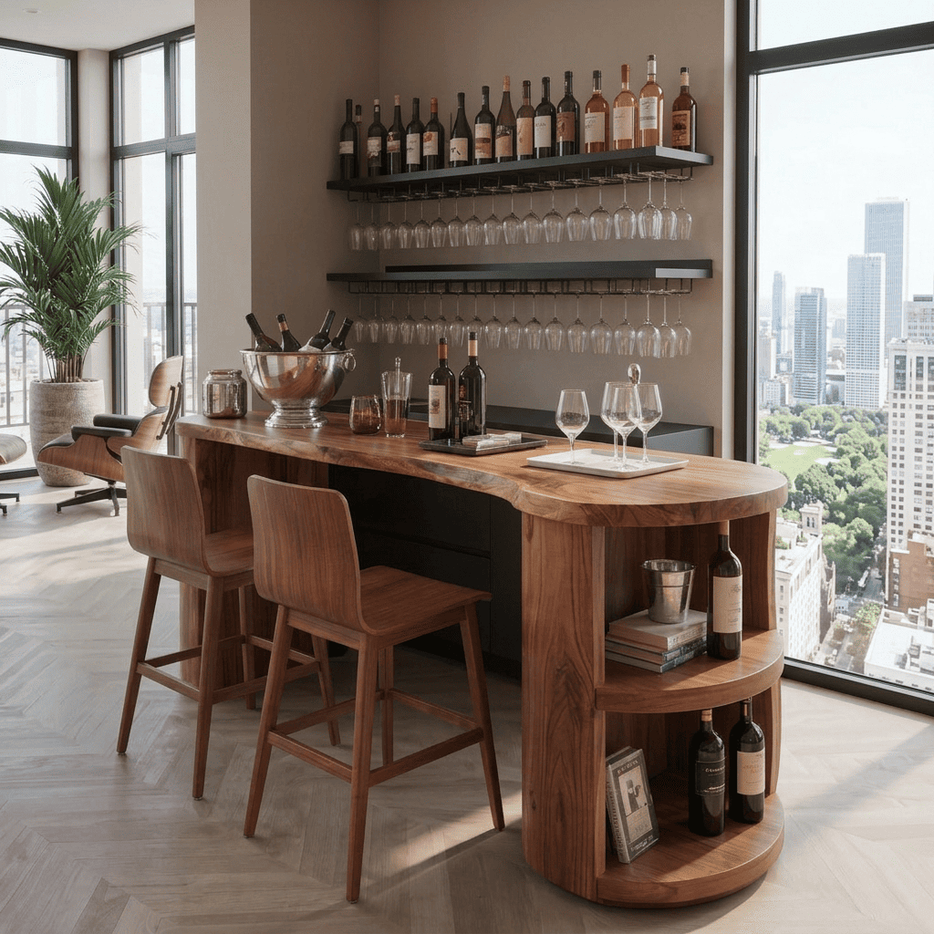 Moderner geschwungener Bartisch und Kücheninsel aus Massivholz mit Weinregalen für elegante Essbereiche