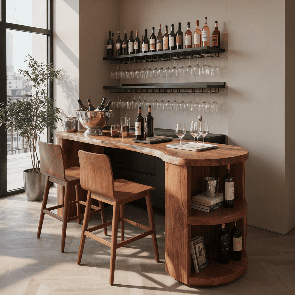 Hausbartisch aus Massivholz im skulpturalen geschwungenen Design mit Weinregalen für moderne Küchen