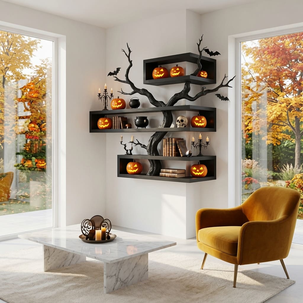 Skulpturales dunkles Astholz-Eckregal aus Massivholz in einem modernen Wohnzimmer