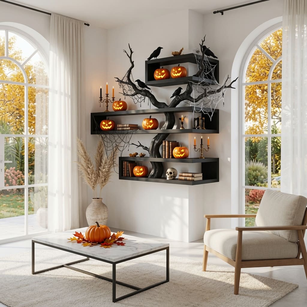 Organisches Hartholz-Astholz-Eckregal mit Kürbissen, Kerzen und Pflanzen in einem gemütlichen Interieur