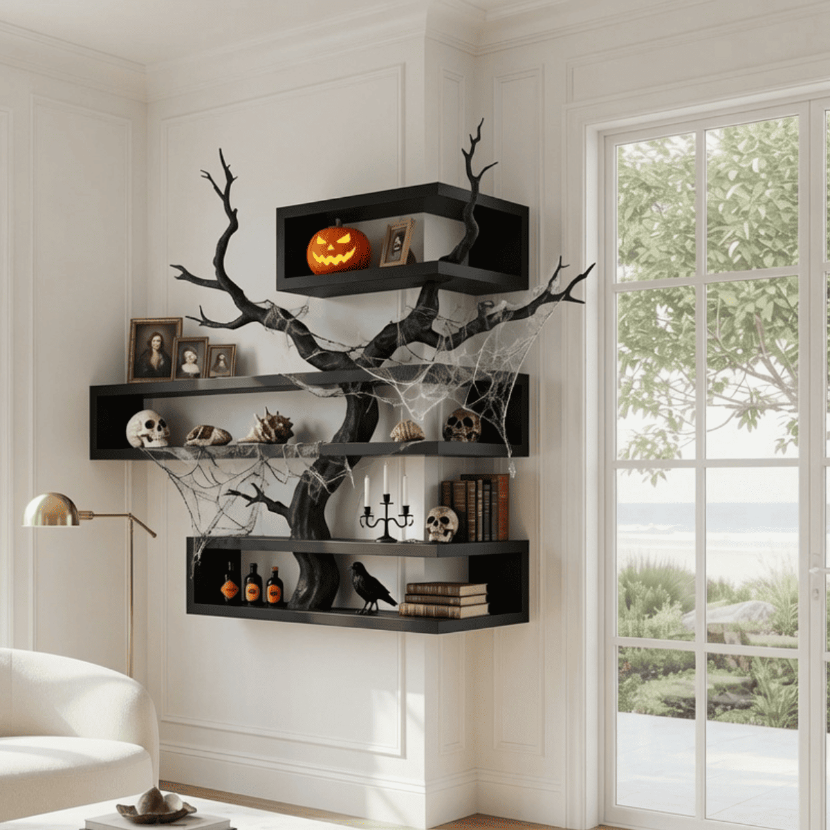 Rustikales dunkles Eckregal aus Massivholz, das eine Halloween-Dekoration im Landhausstil aufwertet