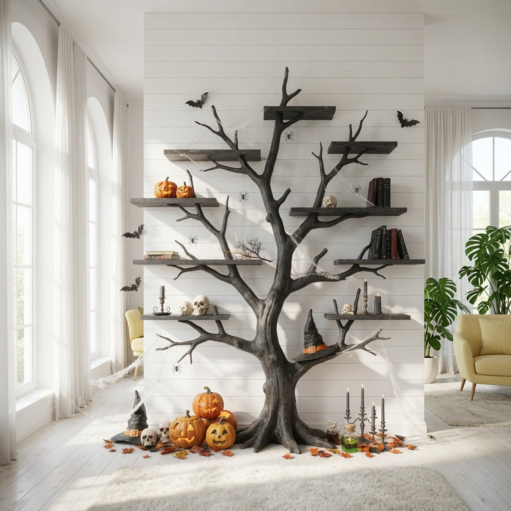 Skulpturales dunkles Halloween-Wandregal in Astform aus Massivholz in einem modernen Wohnzimmer