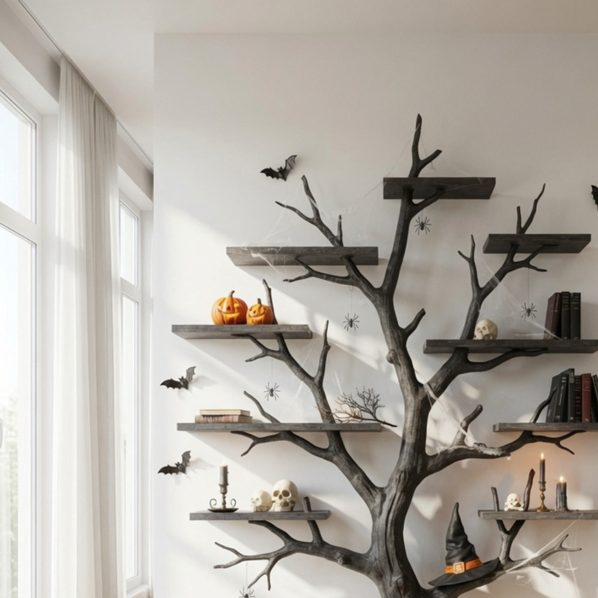 Rustikales Halloween-Wandregal aus Massivholz im Astdesign