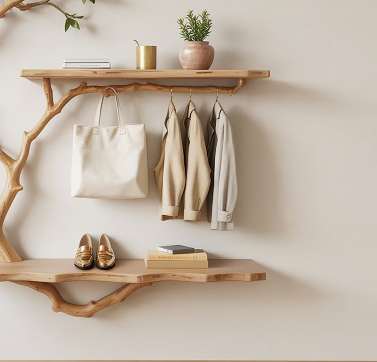 Organisch-moderne Wand-Baumgarderobe als Flurstauraum