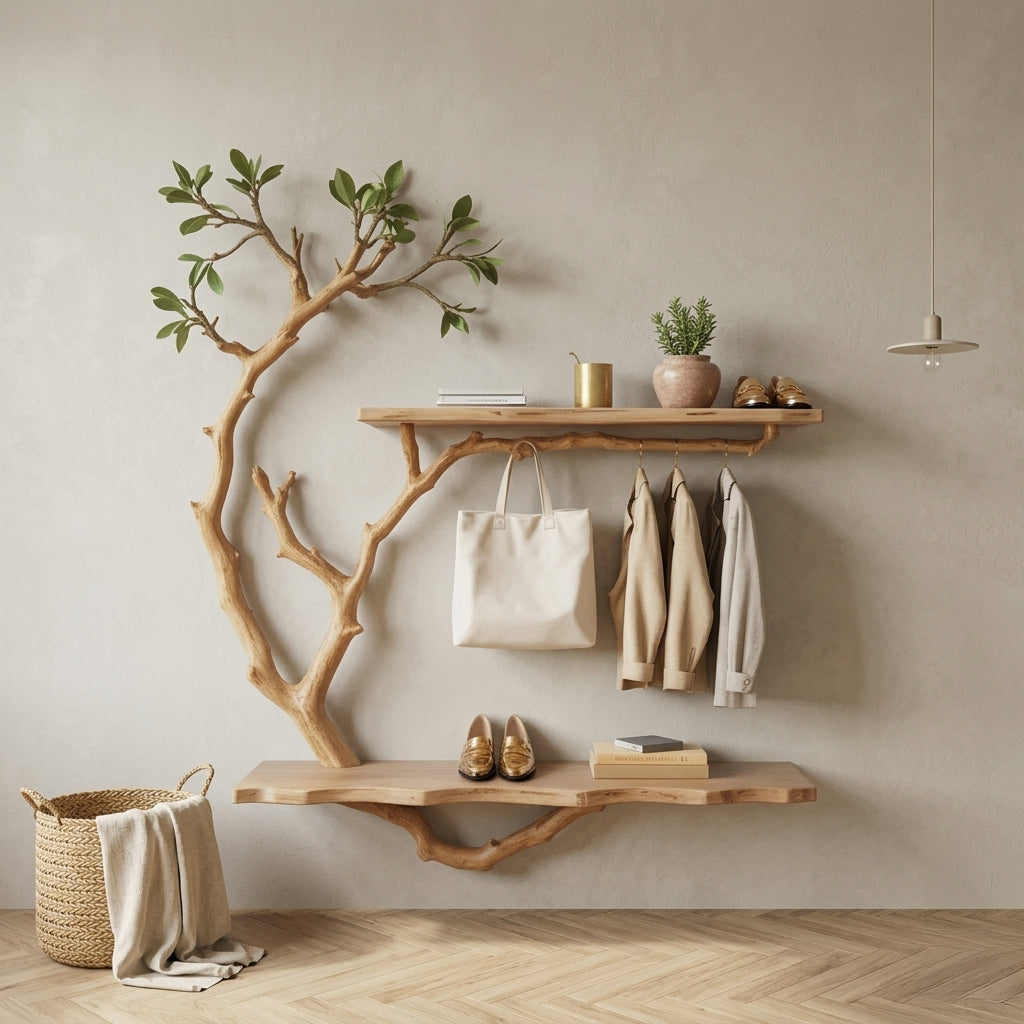 Künstlerische Holz-Garderobe zur Ordnung im Eingangsbereich