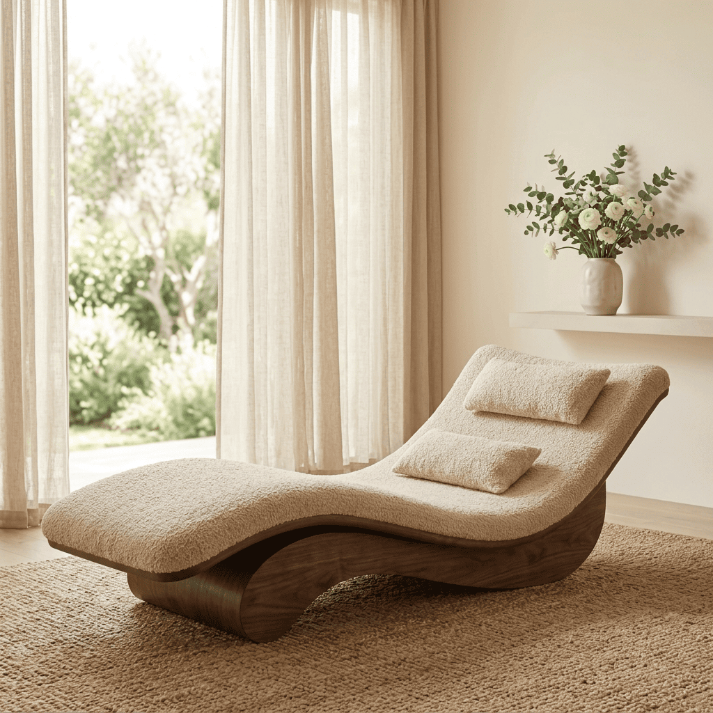 Skulpturale Chaiselongue aus Massivholz, gestylt in einem sonnigen modernen Wohnzimmer