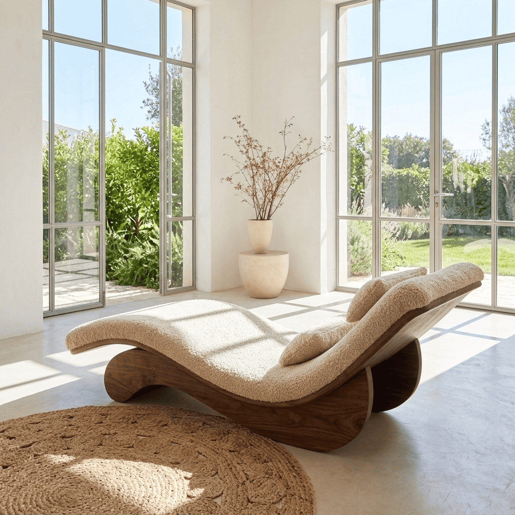 Minimalistische Liege-Chaiselongue aus Massivholz in einem offenen Homeoffice
