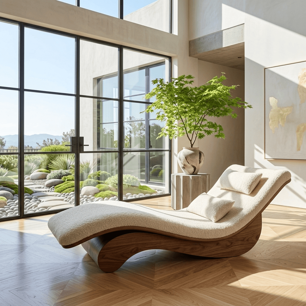 Ergonomischer Loungesessel aus Naturholz für eine gemütliche Leseecke am Fenster